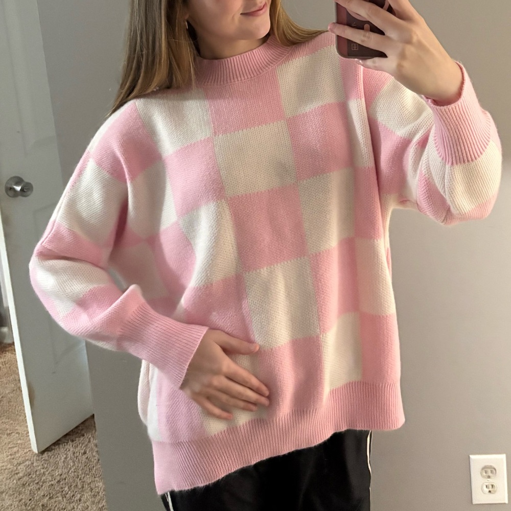 Pink and White Checkered Women's Sweater